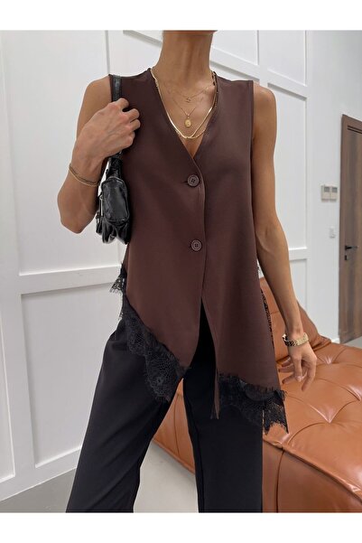 ModaLavida Lace Detailed Asymmetrical Cut V-Neck Women's Vest Blouse