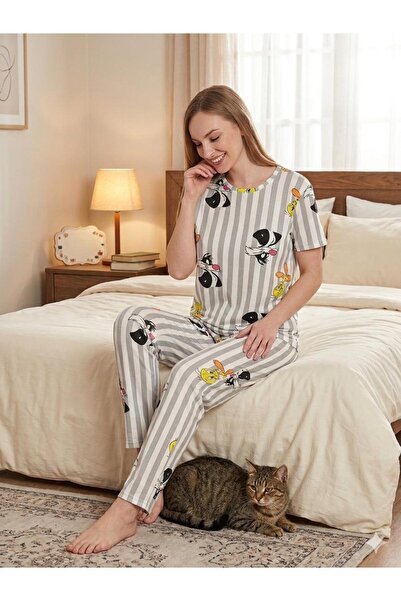 PİJALİNA Γυναικείο Σετ Πιτζάμες με Κοντά Μανίκια – Με Στάμπα Λαιμόκοψης Τύπου...