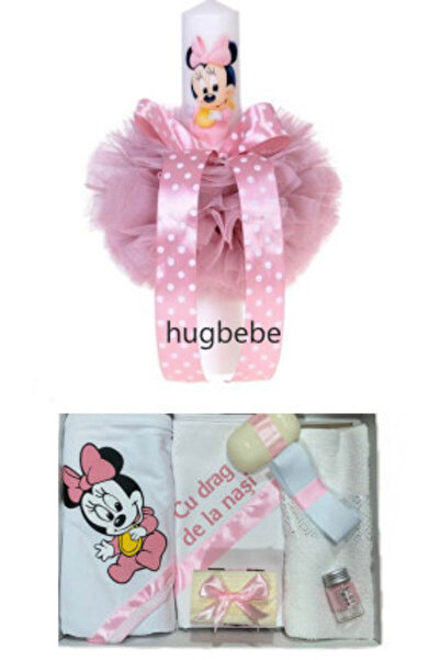 HUGBEBE Set trusou si lumânare de botez, Minnie, roz, 7 pioese