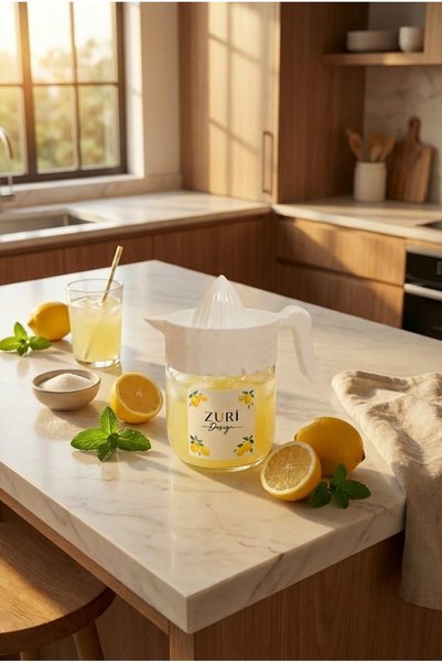 ZURİ DESİGN Glass Citrus Juicer Transparent Design with White Lid and Handle Small Lemon Squeezer