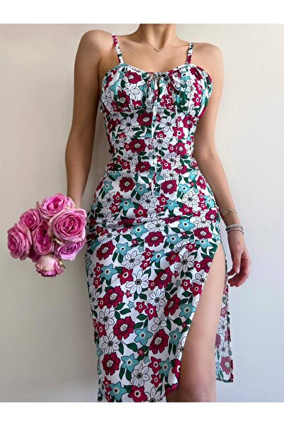 MODA GARDEN 35 فستان ميدي AR66 مزين بالزهور مع تفاصيل شقوق وحزام