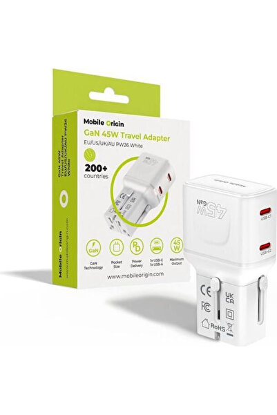 Mobile Origin Προσαρμογέας ταξιδίου 45W, EU/US/UK/AU PW26, λευκός