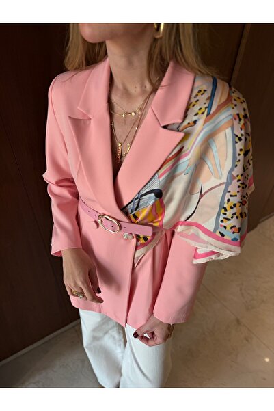 begum mayda Fularlı, Kemerli, Belden Oturtmalı Pembe Premium Ceket