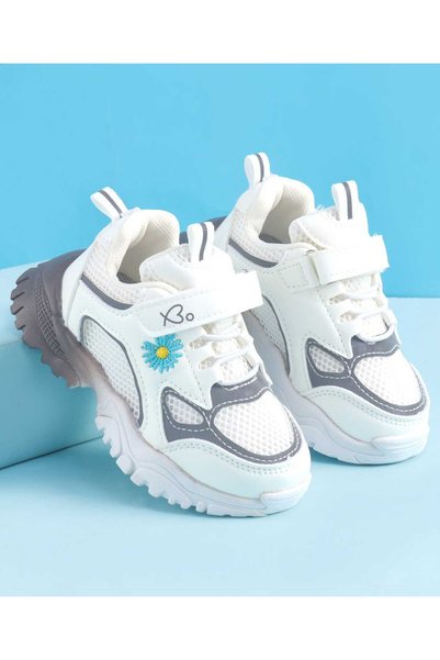 Babyoye Velcro Closure Sneaker Shoes With Floral Embroidery - White/Grey