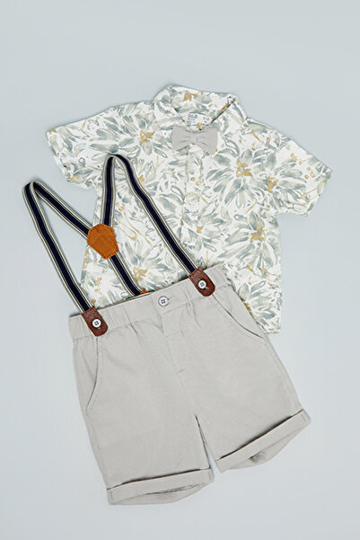 R&B Printed Shirt and Shorts Set with Suspenders