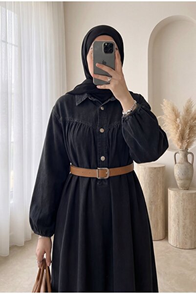 HİJABAYA Τζιν φόρεμα με μισό κουμπιά στη μέση και ελαστική ζώνη στο μανίκι