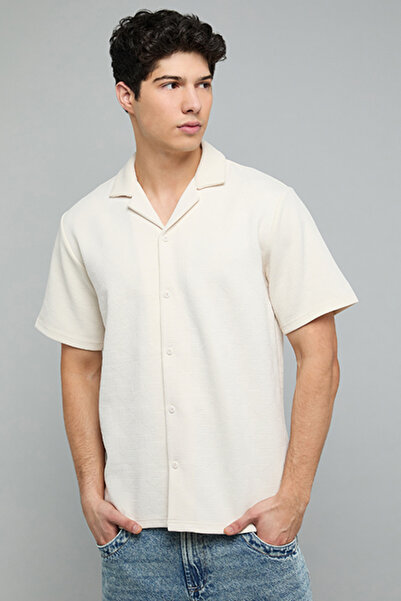 R&B Textured Shirt with Revere Collar and Short Sleeves