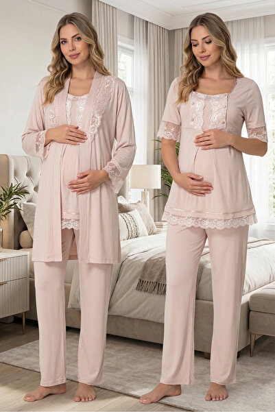 BLACKMORE Women's Beige Cotton Lace Detailed Maternity Pajama Set with 3-Piec...