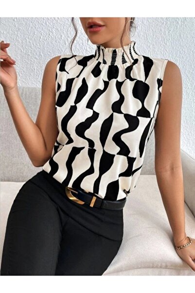 Kokosh moda Kadın Balıkçı Yaka Kolsuz Yazlık Desenli Bluz