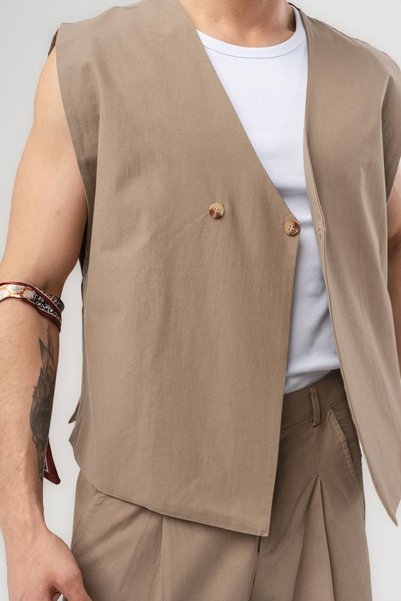 go gang own Core Linen Keten Kumaş Yelekli Baggy Pantolon Takım