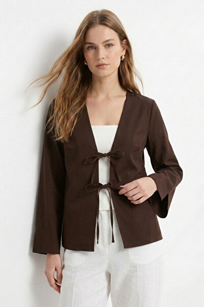 Rays Καφέ κιμονό με σκίσιμο, ισπανικά μανίκια και δέσιμο μπροστά 5425