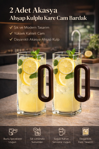 DİVAYS Acacia Wood Handle Square Glass Cup 2 Pieces Long Design Lemonade and ...