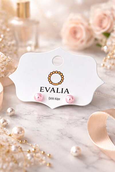 Evalia Takı İnci Küpe - Pembe İnci Top Çelik Küpe 6Mm