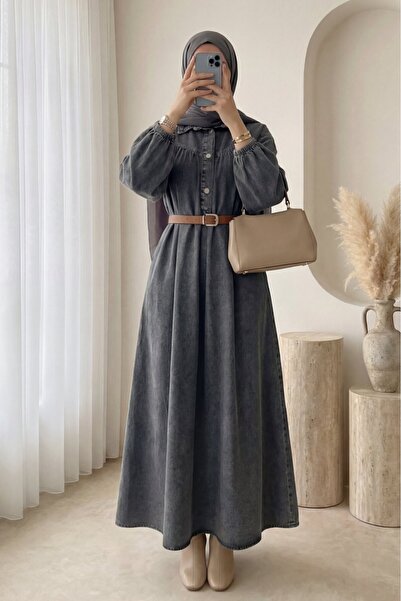 HİJABAYA Τζιν φόρεμα με μισό κουμπιά στη μέση και ελαστική ζώνη στο μανίκι