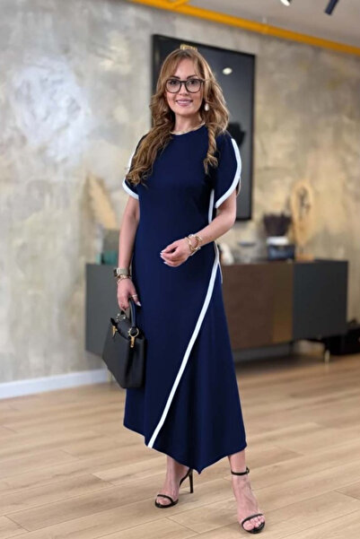 modablask New Season Women's Asymmetric Double Stripe Viscose Dress