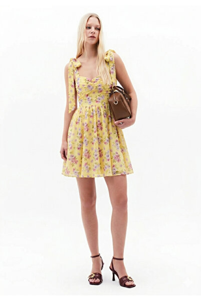 BEGBOR COLLECTİONS Yellow Floral Print Mini Dress with Straps - Summer Casual...