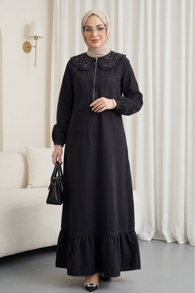 HİJABAYA Βρεφικό φόρεμα τζιν με γιακά, μισό φερμουάρ, λεπτομέρεια από πέρλες ...