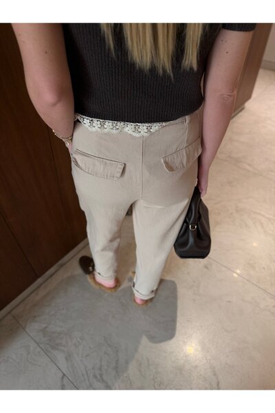 begum mayda Orijinal Model , Örgü Deri Kemerli , Bej Gabardin Pantolon