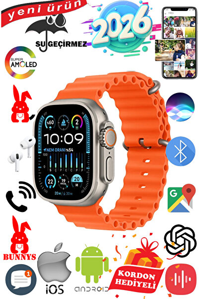 Bunnys Apple iPhone 17 PRO MAX Uyumlu Su Geçirmez Akıllı Saat Ultra 49MM Kordon Hediyeli 4GB Amoled Ekran