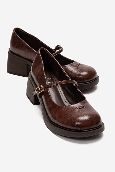 LuviShoes Γυναικεία παπούτσια Mary Jane με χοντρό τακούνι και καφέ λουράκια L...