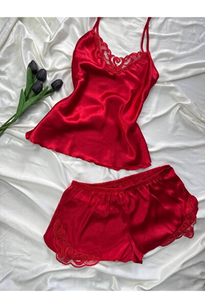 ROZENİN LINGERIE Plus Size Lace Detailed Satin Strap Shorts Pajama Set