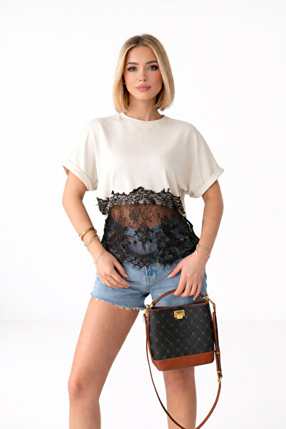 İMVAGO Γυναικείο μπλουζάκι oversized με λεπτομέρεια από μαύρη δαντέλα στο κάτ...