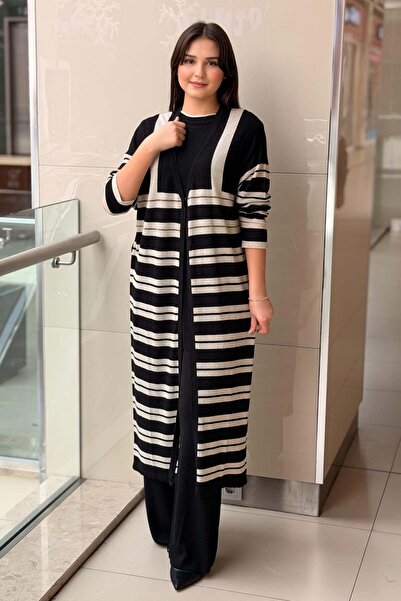 Ghisa Horizontal Stripe Sleeveless Tunic Cardigan Trousers 3-Piece Set Knitwe...