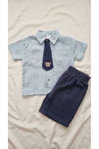 Sabi Baby Boy Muslin Bear Printed Shirt Tie Shorts Two-Piece Set