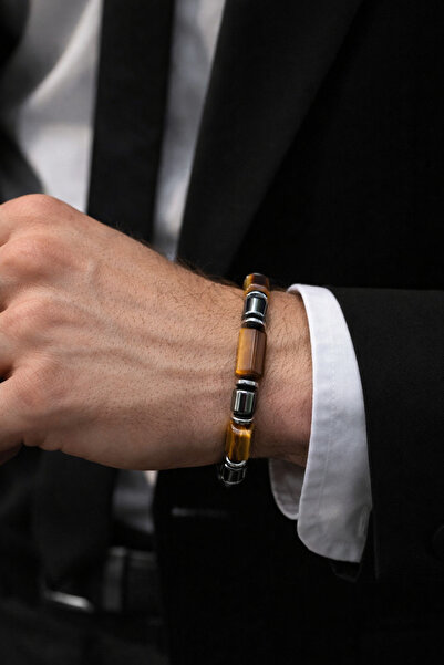 nss sky rock Tiger's Eye Hematite Bracelet 12X8 Hexagonal 8mm Cylinder Natura...