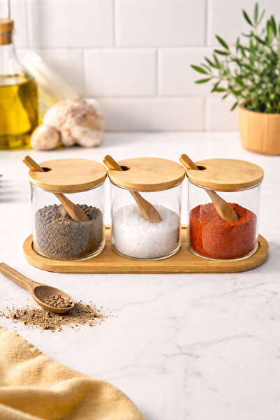NOKKA 3-Piece Glass Spice Rack Set with Bamboo Lid, Spoon and Coaster, Borosi...