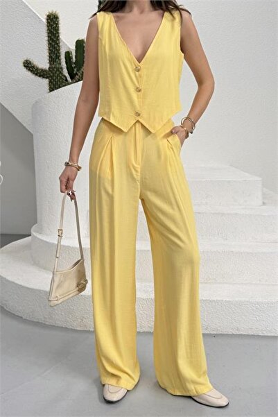 Neşeli Butik Women's Yellow Relaxed Fit Button Detailed Vest Double Summer Se...