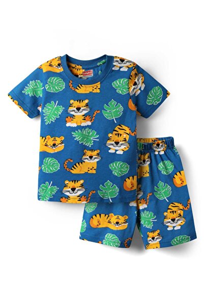 Babyhug Knit Half Sleeves Night Suit With Animal Print - Navy Blue