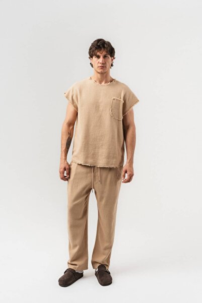 go gang own Σετ μπλουζάκι και παντελόνι από ξεφτισμένο λινό ύφασμα με κρόσσια...