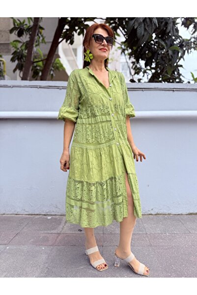 DenizEge Ιταλικό φόρεμα μίντι με επένδυση σε πράσινο φιστικί