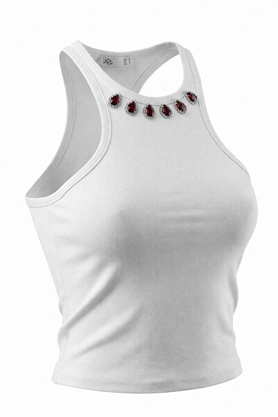 Miss Poem Γυναικείο μπλουζάκι με λαιμόκοψη halter από λευκή πέτρα