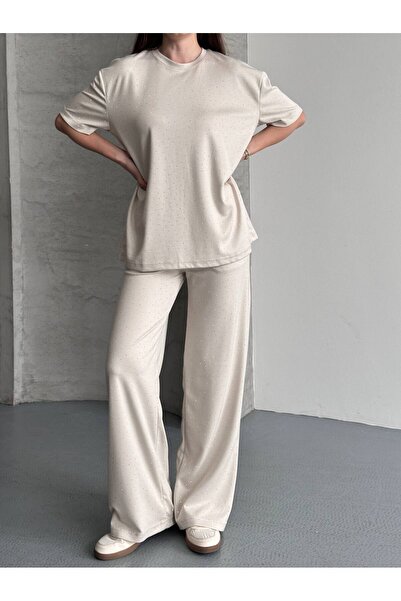 ÇEÇİM Γυναικείο Σετ Μπλουζάκι και Παντελόνι Oversize με Κέντημα Πέτρας και Λα...