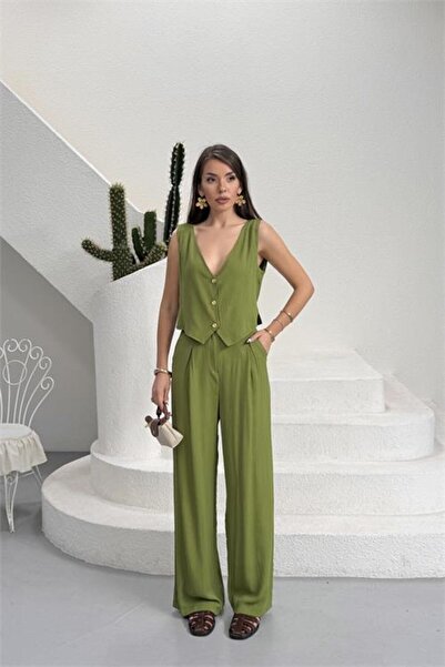 Neşeli Butik Women's Green Relaxed Fit Button Detailed Vest Double Summer Set...