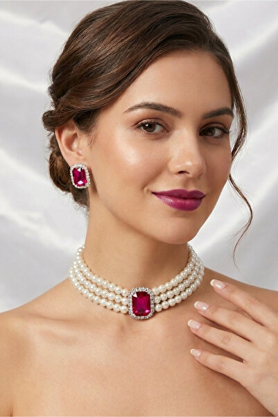 Happyline İncili Gümüş Kaplama Tasma Fuşya Baget Taşlı Choker Kolye Özel Tasa...