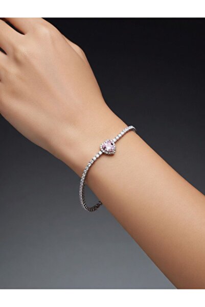 RozeJewelry Pembe Kalp Taşlı Zarif Lüks Kadın Bileklik Parlak Tasarım Hediye