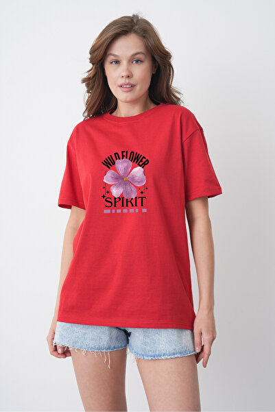 TREND EMMODA Tricou roșu cu gât rotund, cu imprimeu floral violet, stil de va...