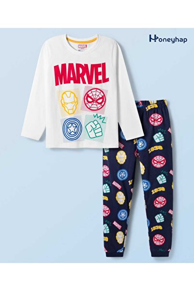 Honeyhap Marvel طقم بيجامة بأكمام طويلة من قماش الجيرسي المفرد مع طباعة - أبي...