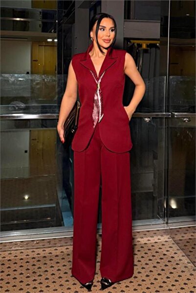 Neşeli Butik γυναικείο μπορντό μοντέρνο φουλάρι με λεπτομέρειες παντελόνι παλ...