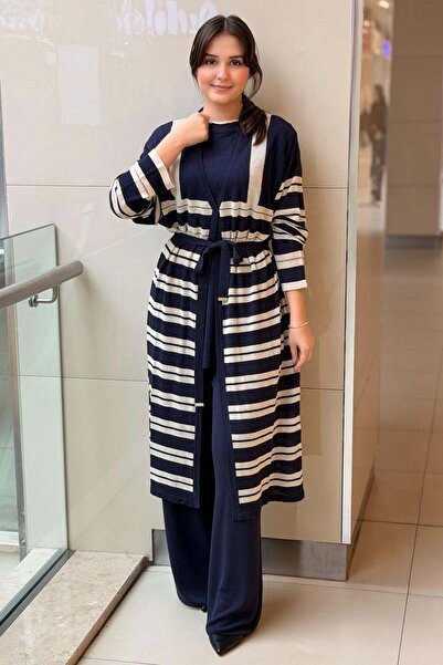 Ghisa Horizontal Stripe Sleeveless Tunic Cardigan Trousers 3-Piece Set Knitwe...