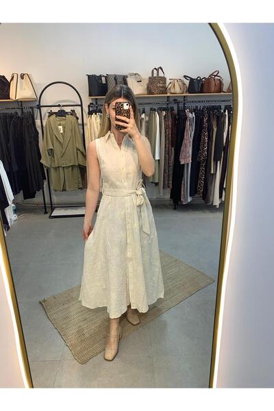 Ecenin Favorileri Κεντημένο λινό φόρεμα πουκάμισο με δετή ζώνη