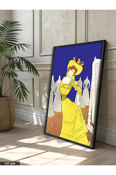 Evinemoda Woman Dancing in Yellow Dress One Piece Black Wooden Framed Painting