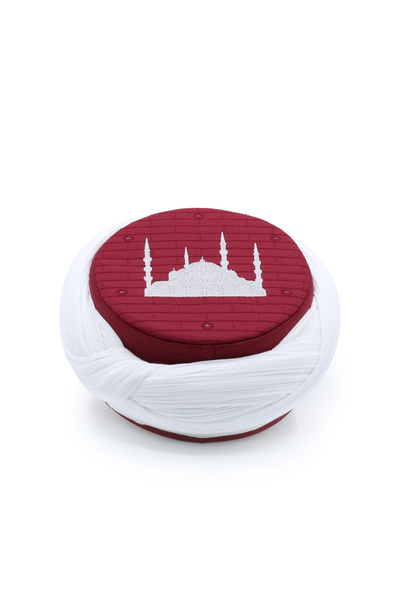 Sarıkhane Cami Sarigy - White Fabric - Burgundy Headscarf - Crossed Wrap - Ca...