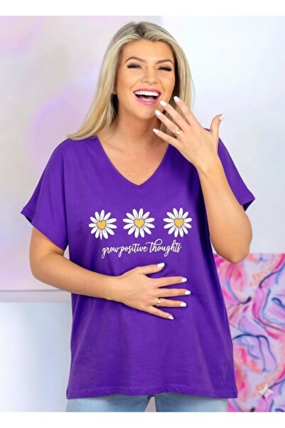 Barato Tricou de damă premium din bumbac cu decolteu în V și imprimeu Daisy, ...