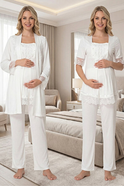 BLACKMORE Women's Ecru Cotton Lace Detailed Maternity Pajama Set with 3-Piece...