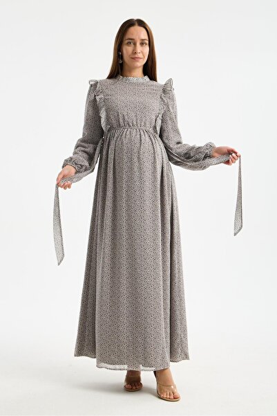 Işşıl M0024-Φόρεμα μάξι σιφόν εγκυμοσύνης με μίνι λεοπάρ σχέδιο και γιακά με ...