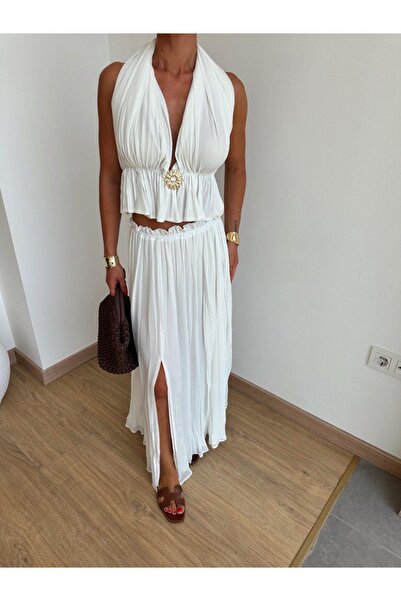 NURCAN KESKİN STORE Chiffon Backless Brooch Detail Blouse Skirt Set